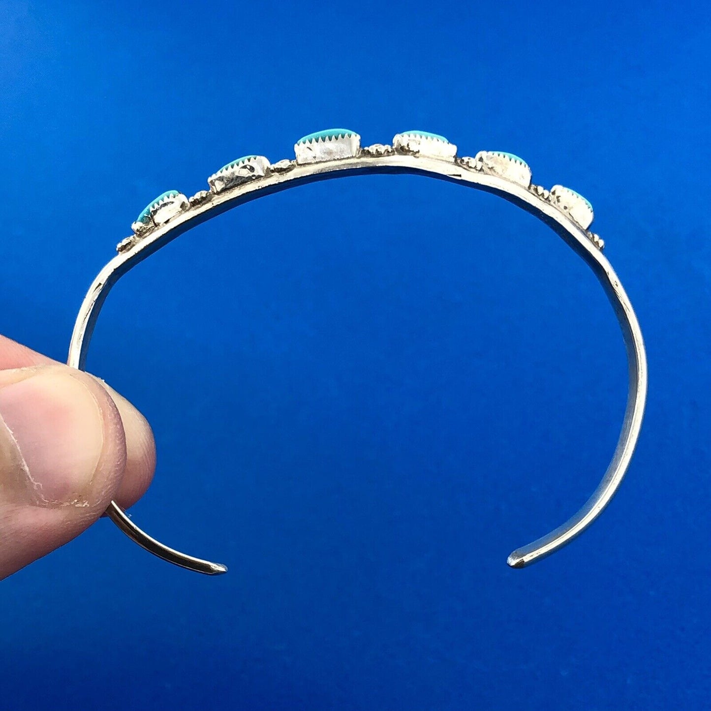 Native American Signed 925 Sterling Silver Turquoise Floral Dainty Cuff Bracelet