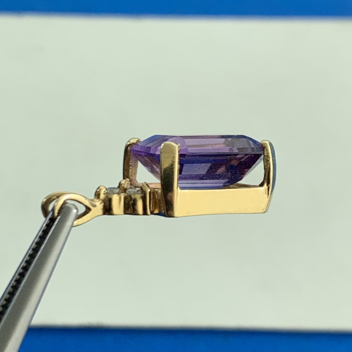 Vintage Designer 14K Yellow Gold Emerald Cut Amethyst Diamond Accent Pendant