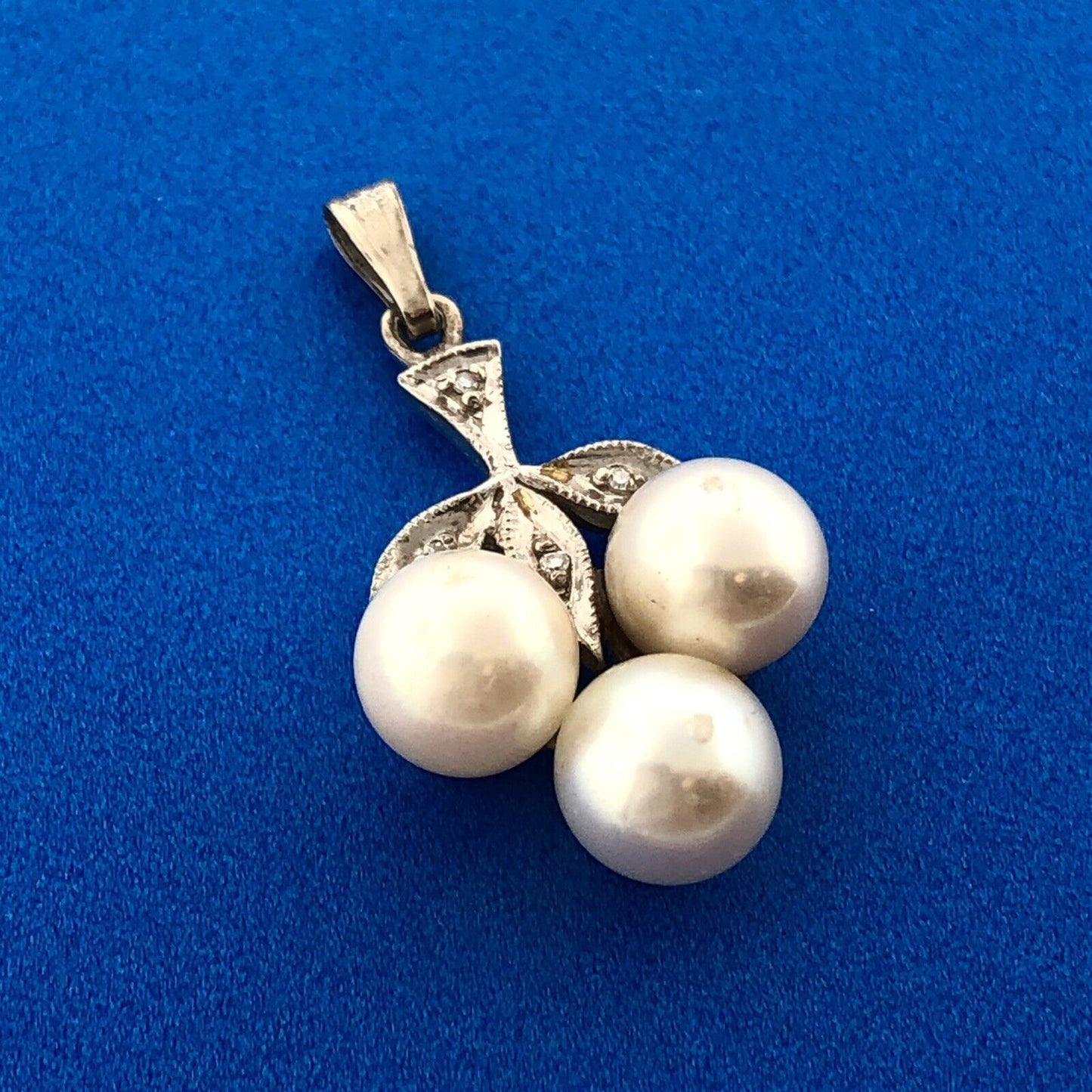 Mid Century 14K White Gold Pearl Trio Diamond Accented Wedding Drop Pendant