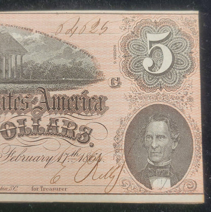 1864 $5 Richmond, VA Confederate States of America Rare Obsolete Bank Note