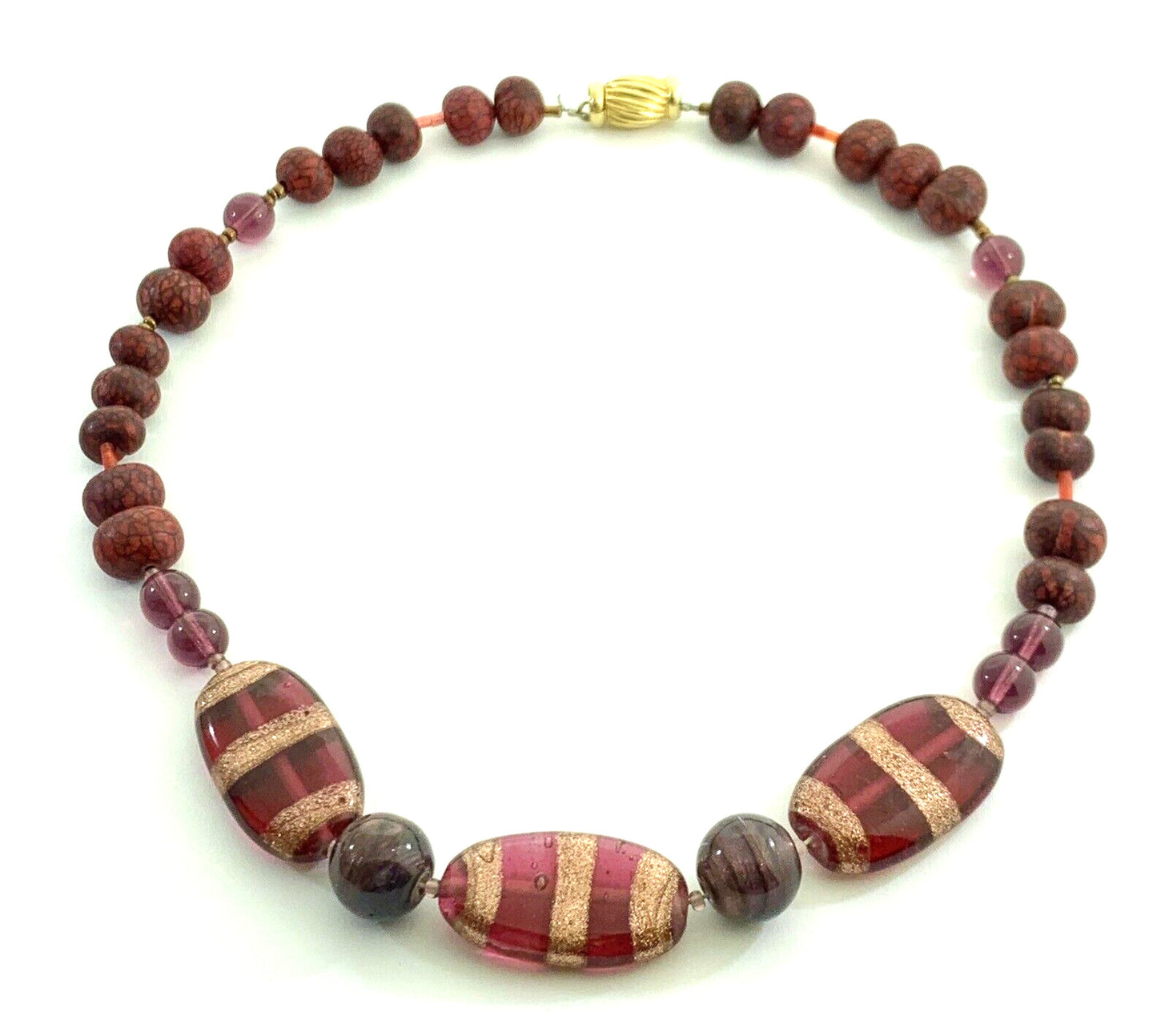 Artisan 14K Yellow Gold Amethyst Art Glass Wooden Mixed Bead Necklace