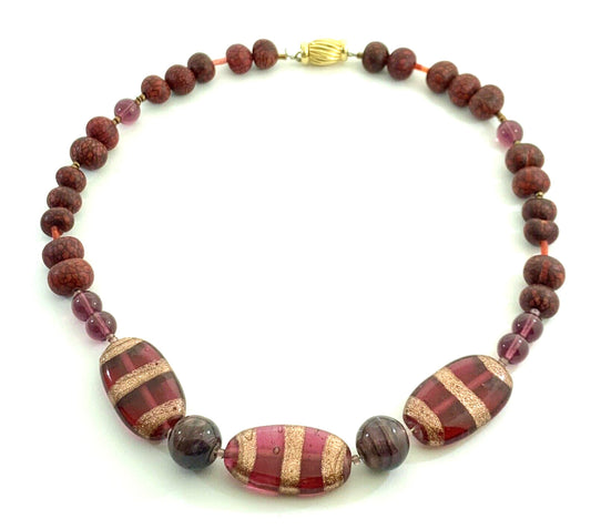 Artisan 14K Yellow Gold Amethyst Art Glass Wooden Mixed Bead Necklace