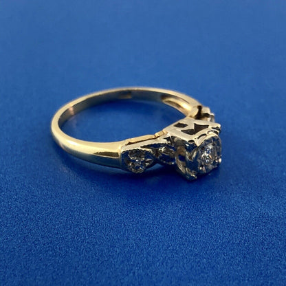 Art Deco 14K Yellow White Gold Diamond Hearts Beads Scroll Engagement Ring