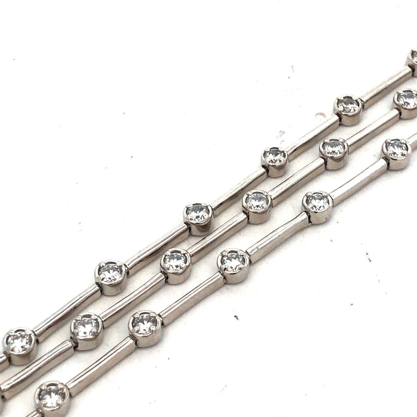 Designer FAS 925 Sterling Silver CZ Station Three Strand Bar Link Bracelet