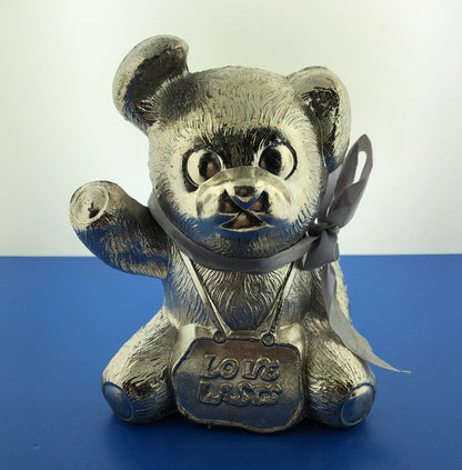 Vintage Silverplate Teddy Bear Love Lasts Blue Ribbon Money Coin Bank