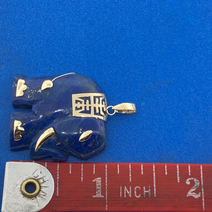 Designer 14K Yellow Gold Lapis Lazuli Chinese Character Elephant Pendant