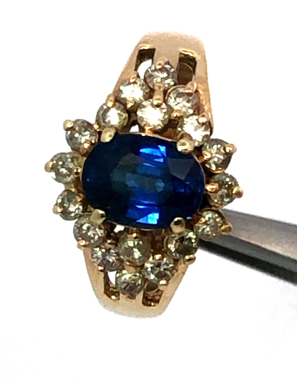 Vintage 14K Yellow Gold Oval Blue Sapphire Round Diamond Halo Anniversary Ring