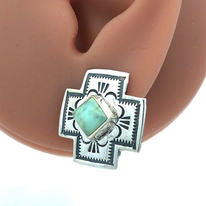 Native American 925 Sterling Silver Green Turquoise Concho Cross Clip On Earring
