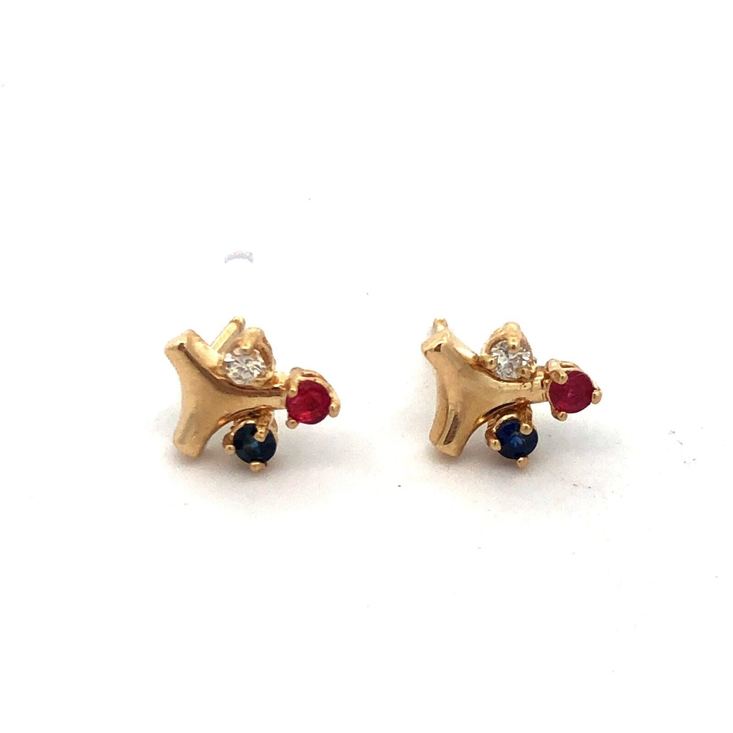 Vintage 14K Yellow Gold Sapphire Ruby Diamond Floral Cluster Stud Earrings