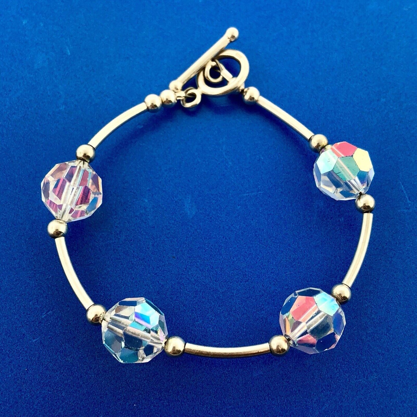 Stunning 925 Sterling Silver Aurora Borealis Cyrstal Bead Bracelet Necklace Set