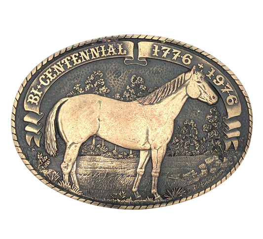 1976 Tony Lama Bicentennial Quarter Horse Oval Limited Edition Brass Belt Buckle