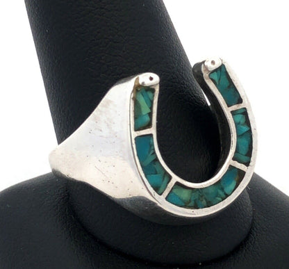 Vintage 925 Sterling Silver Turquoise Inlay Horseshoe Statement Unisex Ring