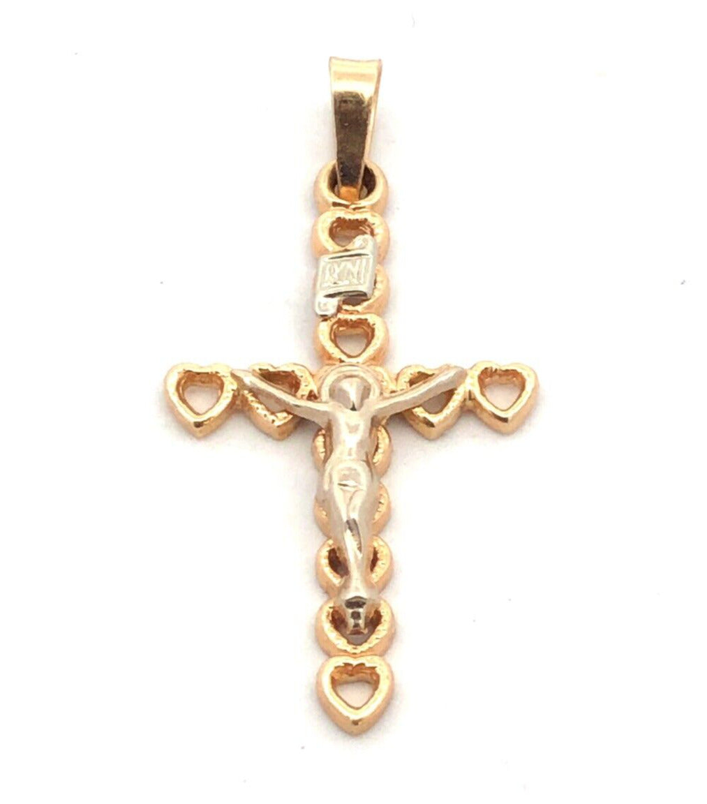 Designer 14K Yellow White Gold Two Tone Heart Cross Crucifix Pendant
