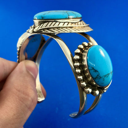 Vintage Taxco TC-216 Sterling Silver 925 Turquoise Trio Statement Cuff Bracelet