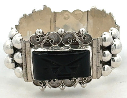 CBR Taxco Mexico 925 Sterling Silver Carved Black Onyx Statement Panel Bracelet
