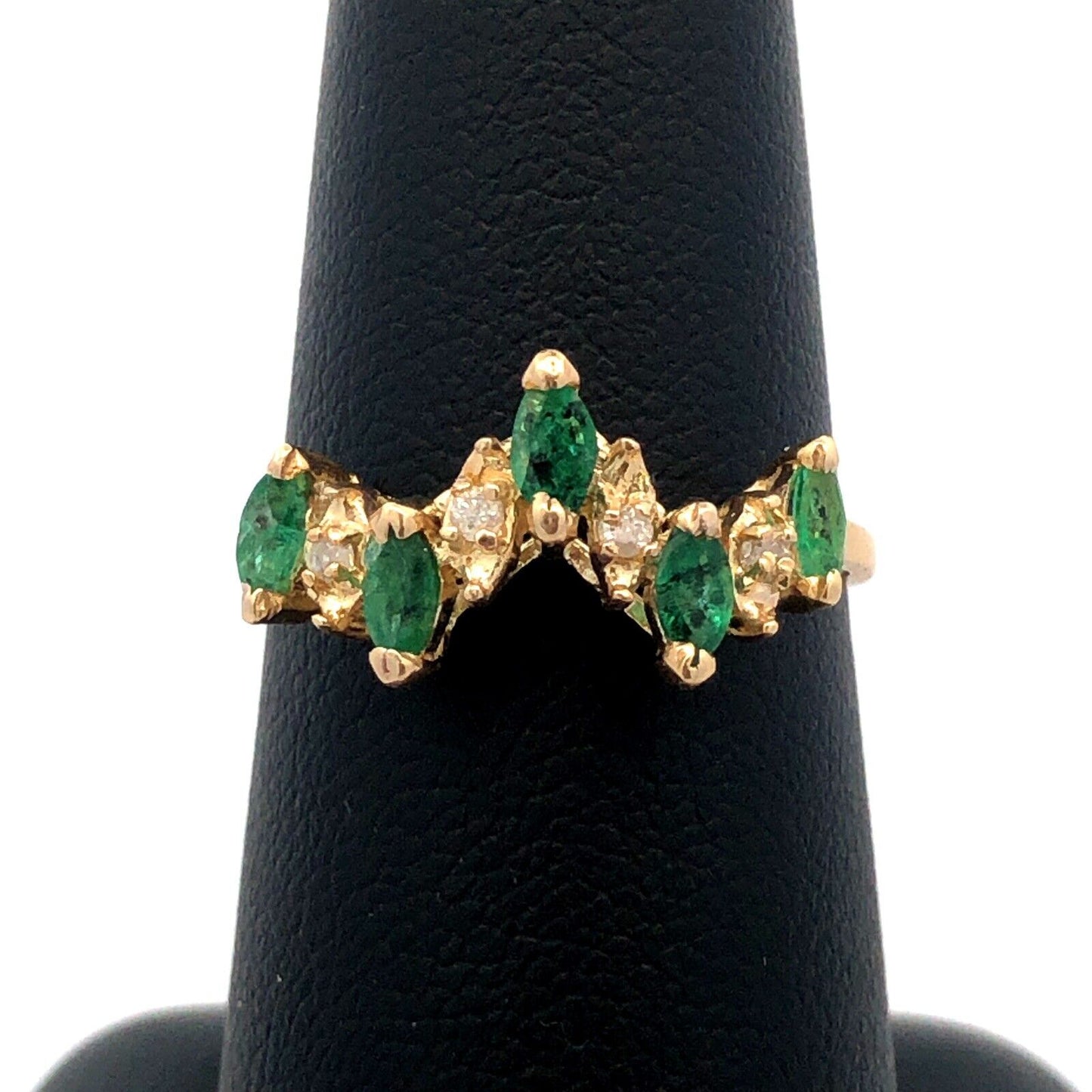 Estate 14K Yellow Gold Marquise Emerald Diamond Stacking Band Ring