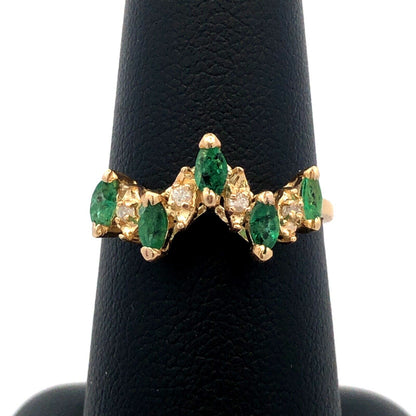 Estate 14K Yellow Gold Marquise Emerald Diamond Stacking Band Ring