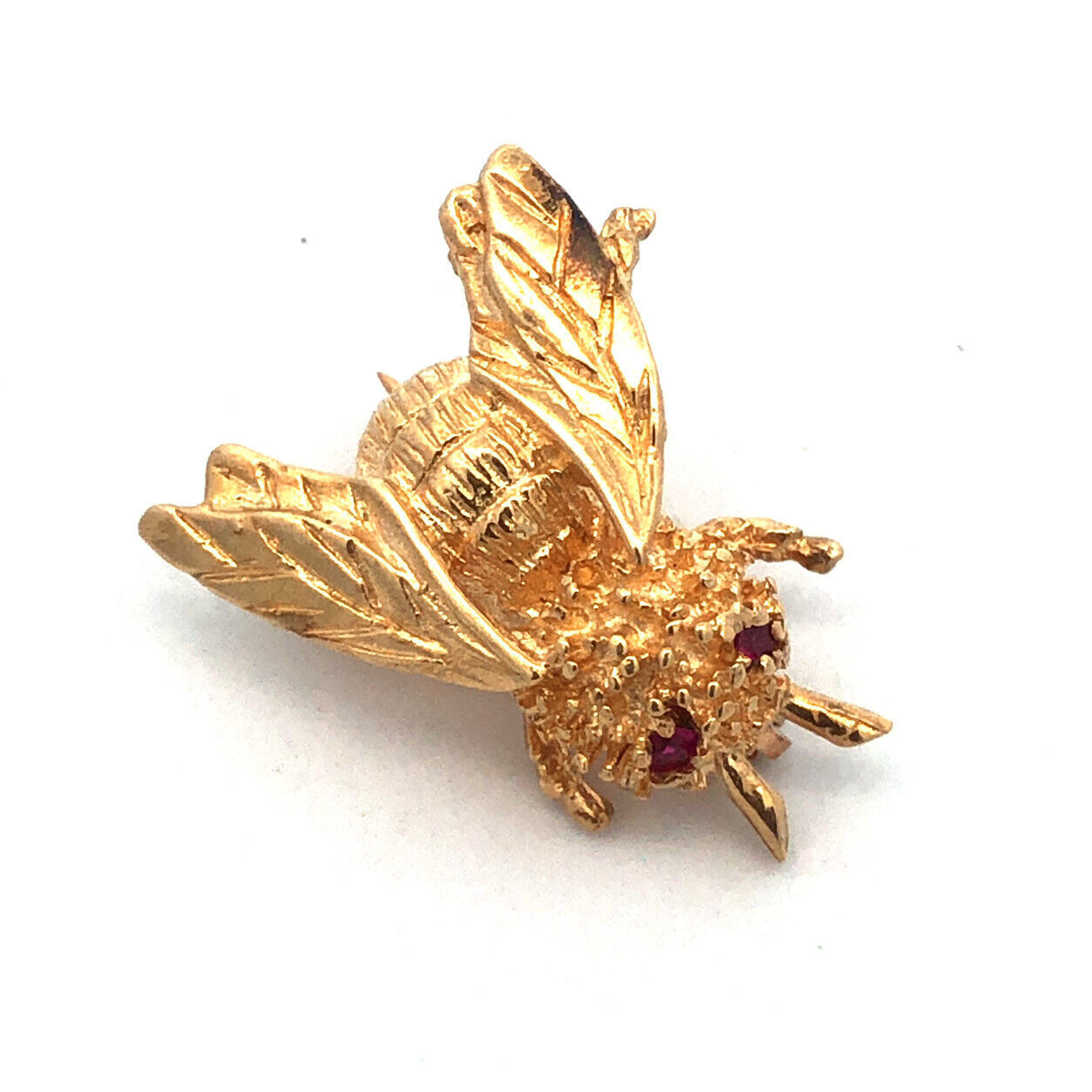 14K Yellow Gold Ruby Eyes Bee Pendant Flying Bug Vintage Lapel Scarf Pin