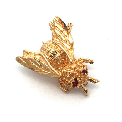 14K Yellow Gold Ruby Eyes Bee Pendant Flying Bug Vintage Lapel Scarf Pin