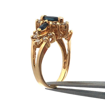 14K Yellow Gold Sapphire Diamond Halo Cluster Anniversary Bridal Cocktail Ring