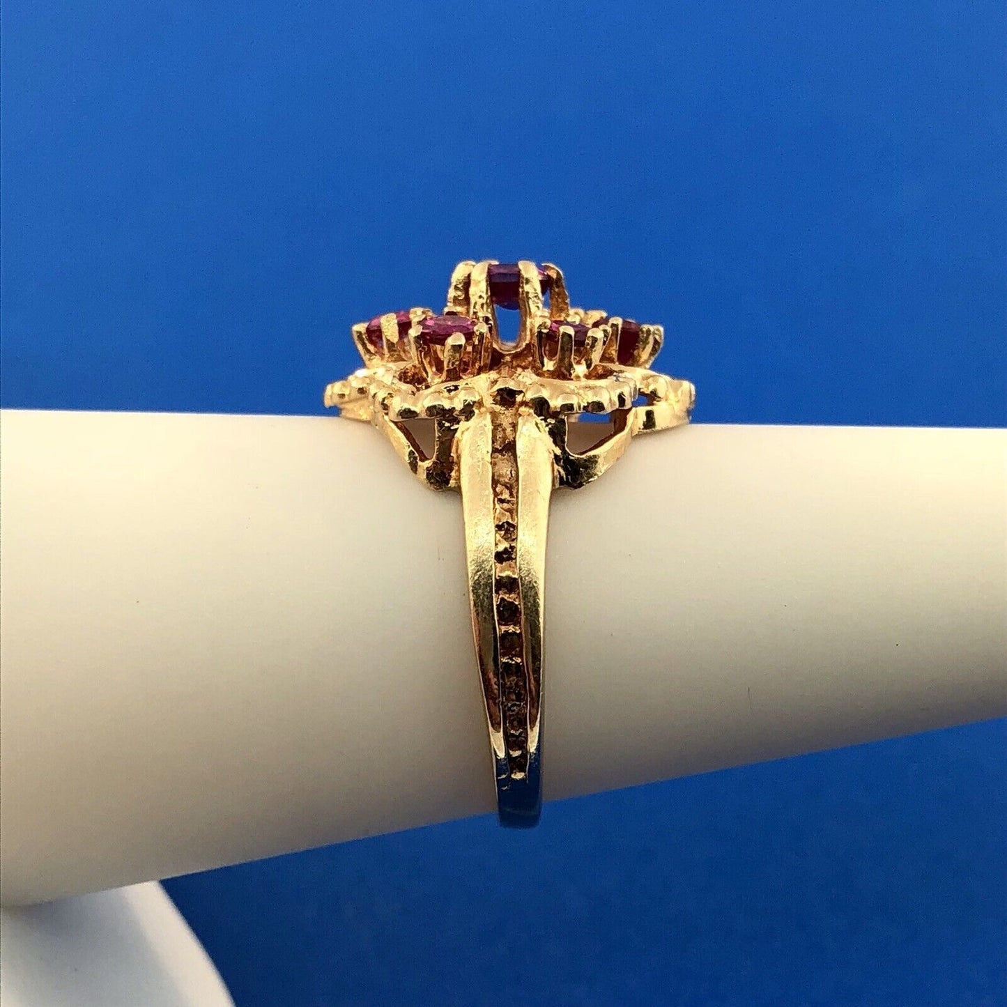 Perfect 14K Yellow Gold Ruby Flower Cluster July Anniversary Sweetheart Ring