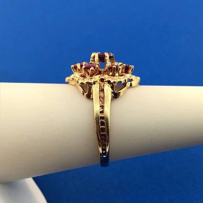 Perfect 14K Yellow Gold Ruby Flower Cluster July Anniversary Sweetheart Ring