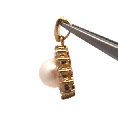 10K Yellow Gold White Topaz Pearl Wedding Bridal June Anniversary Pendant