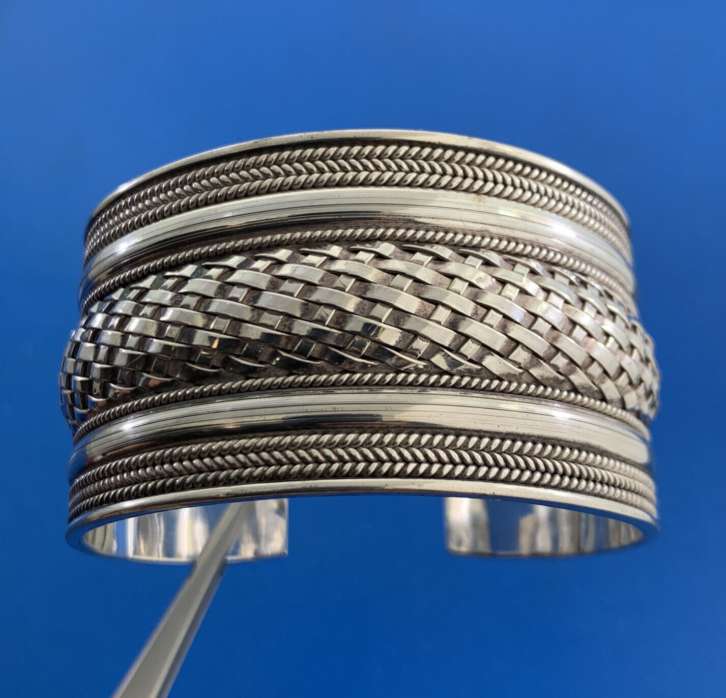 Sterling Silver 925 Basket Weave Ribbed Polished Wide Statement Cuff Bracelet