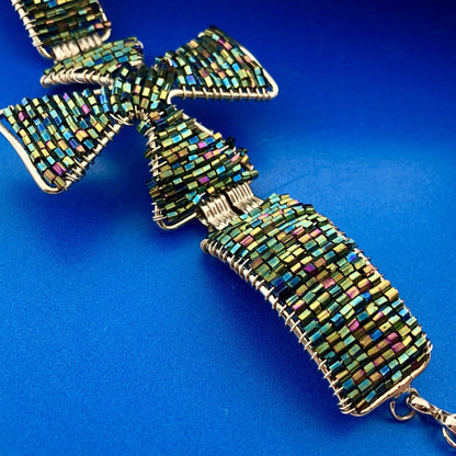 Artisan Silver Tone Iridescent Cylinder Bead Wire Wrapped Cross Toggle Bracelet