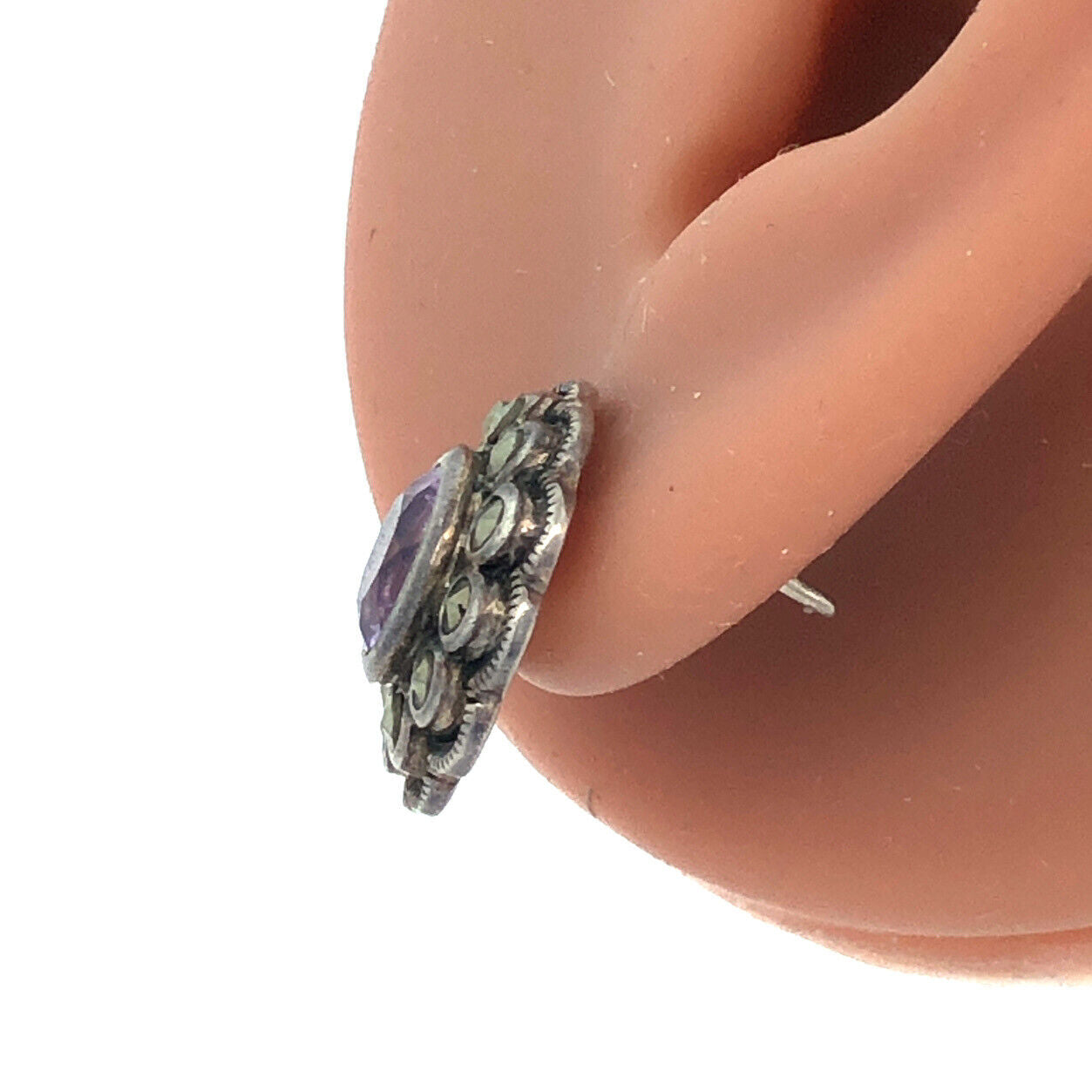 Vintage Designer A 925 Sterling Silver Amethyst Marcasite Flower Stud Earrings