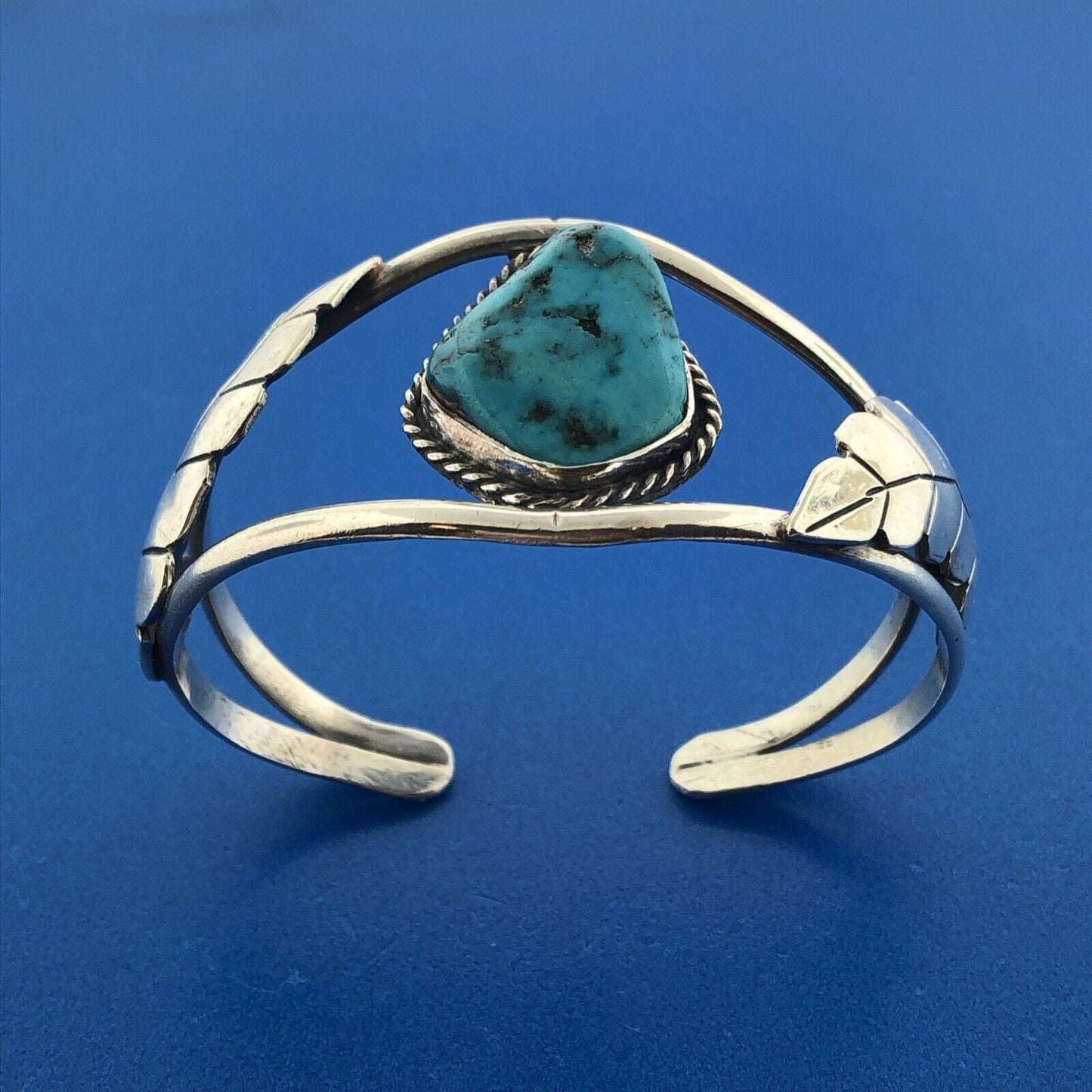 Old Pawn Sterling Silver Chunky Turquoise Cabochon Squash Blossom Cuff Bracelet