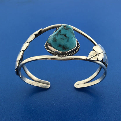 Old Pawn Sterling Silver Chunky Turquoise Cabochon Squash Blossom Cuff Bracelet