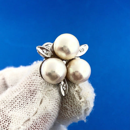 Mid Century Glamorous 14K White Gold Pearl Diamond Bridal Screw Clip Earrings