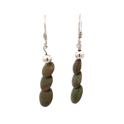 925 Sterling Silver Round Green Turquoise Disc Trio Dangle Hook Earrings