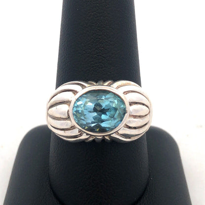Designer Espo/Sig 925 Sterling Silver Oval Blue Topaz Chunky Textured Ring