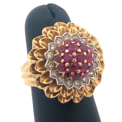 Vintage Artisan 18 Yellow Gold Ruby Diamond Cluster Dome Statement Cocktail Ring