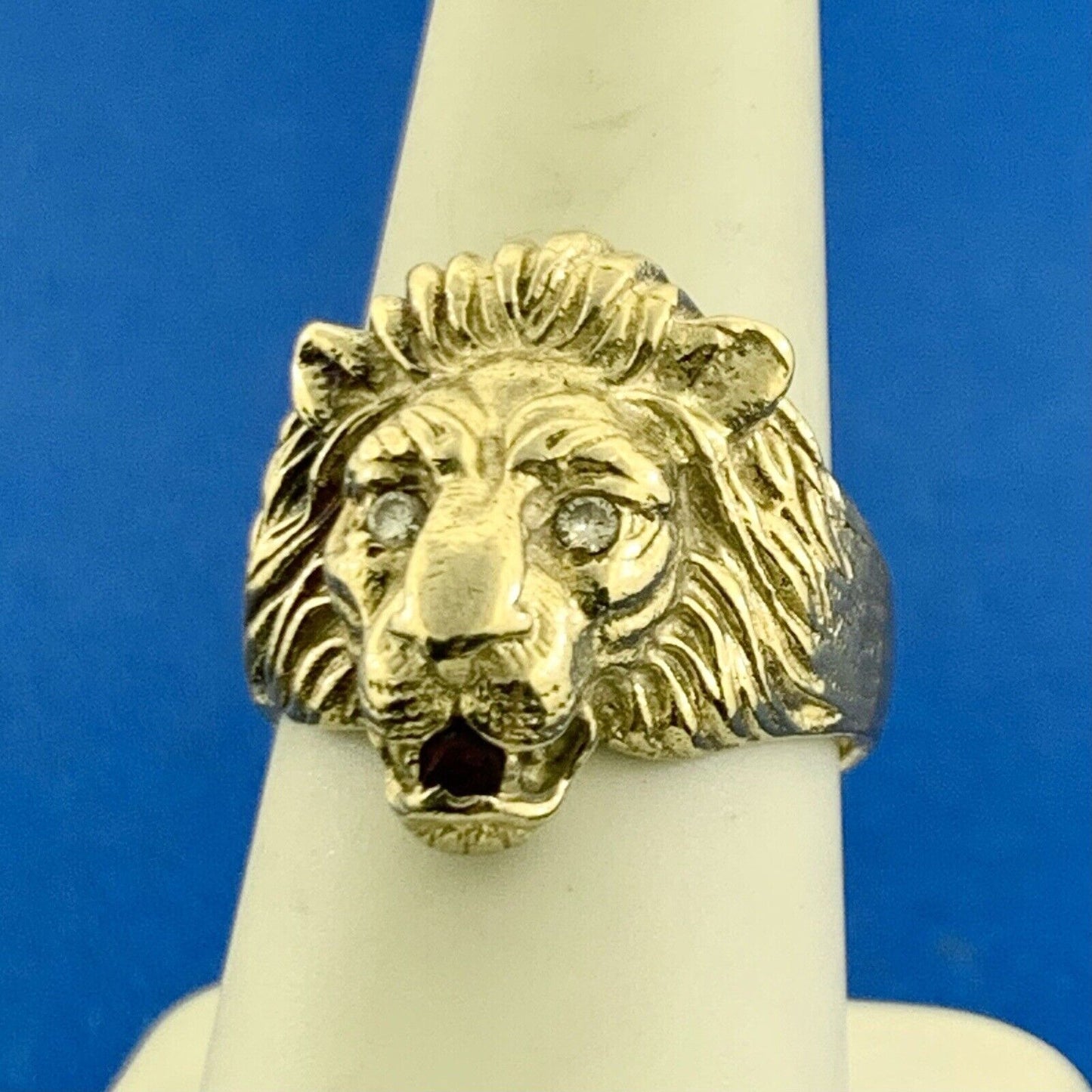 Custom 14K Yellow Gold Diamond Eyes Ruby Mouth Lions Head Statement Ring