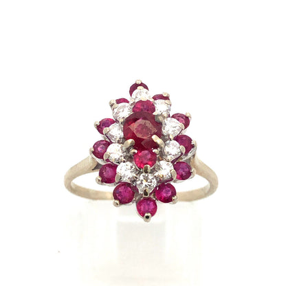 14K White Gold Ruby Diamond Cluster Bridal Birthstone Anniversary Cocktail Ring