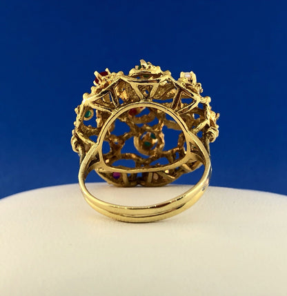 Vintage 18K Yellow Gold Ruby Emerald Pearl Christmas Tiered Dome Cocktail Ring