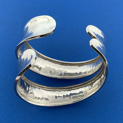 Modernist Artisan Sterling Silver Hammered Wave Double Cuff Statement Bracelet