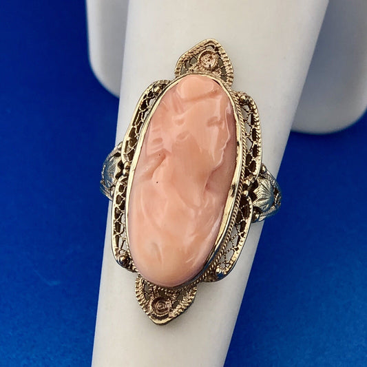 Victorian 14K Yellow Gold Carved Pink Cameo Filigree Statement Finger Ring