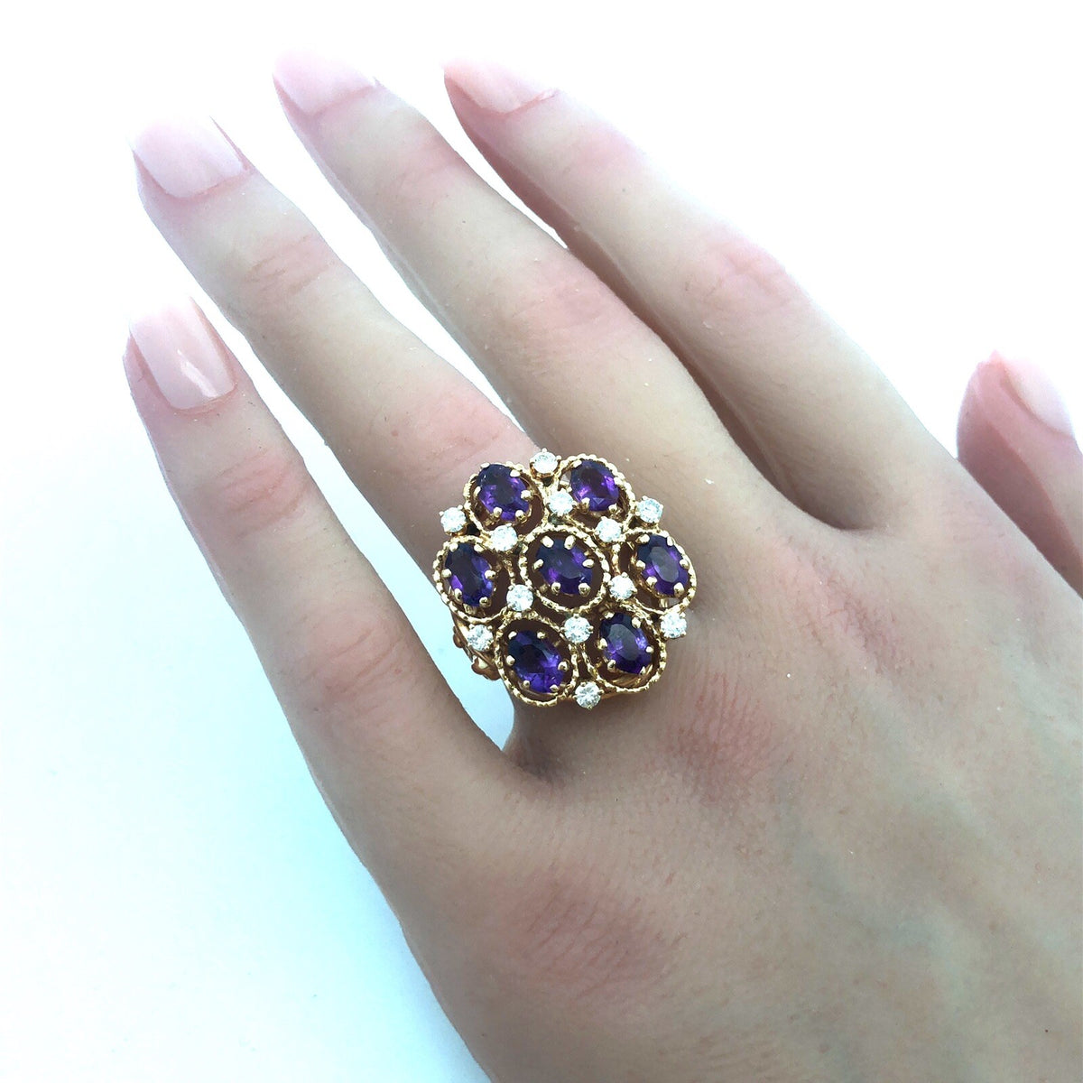 Vintage 14K Yellow Gold Amethyst Diamond Statement Anniversary Cocktail Ring