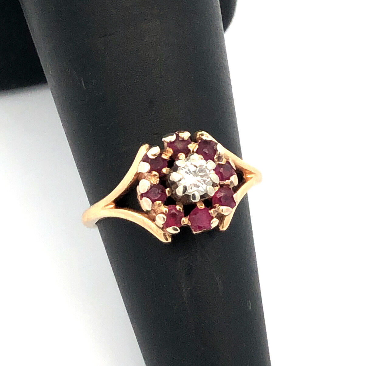 Designer 14K Yellow Gold Diamond Ruby Floral Flower Cocktail Ring