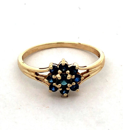 Designer 14K Yellow Gold Round Blue Sapphire Flower September Anniversary Ring