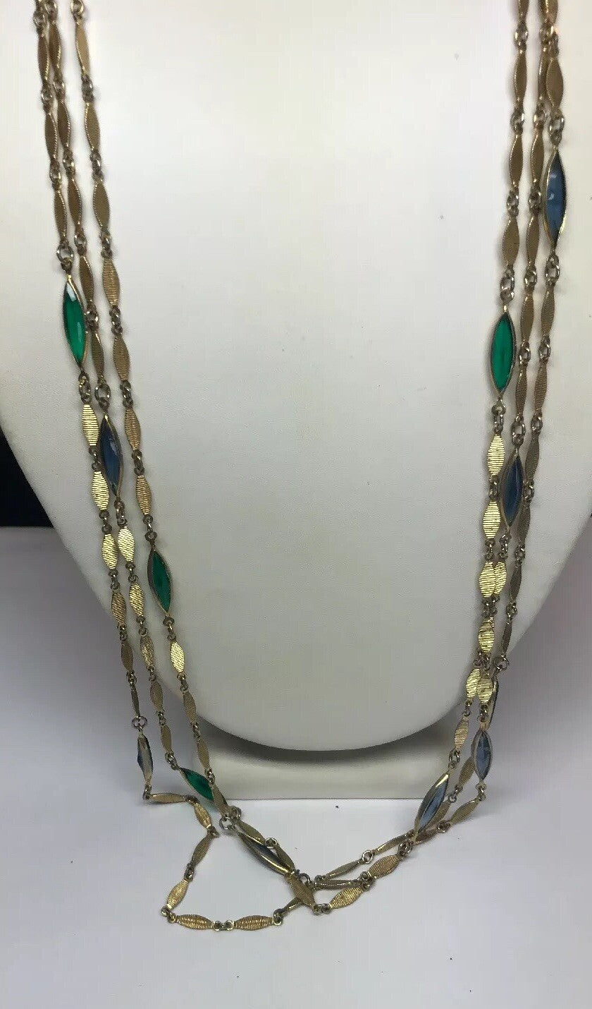Vintage Gold Tone Blue Green Glass Bead Three Strand Graduated Drop Necklace