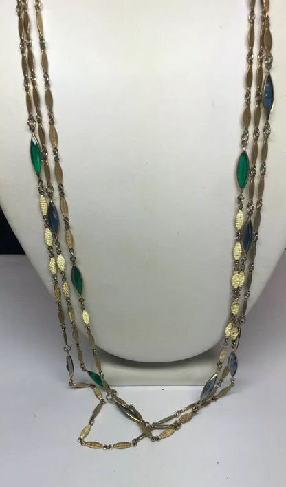 Vintage Gold Tone Blue Green Glass Bead Three Strand Graduated Drop Necklace