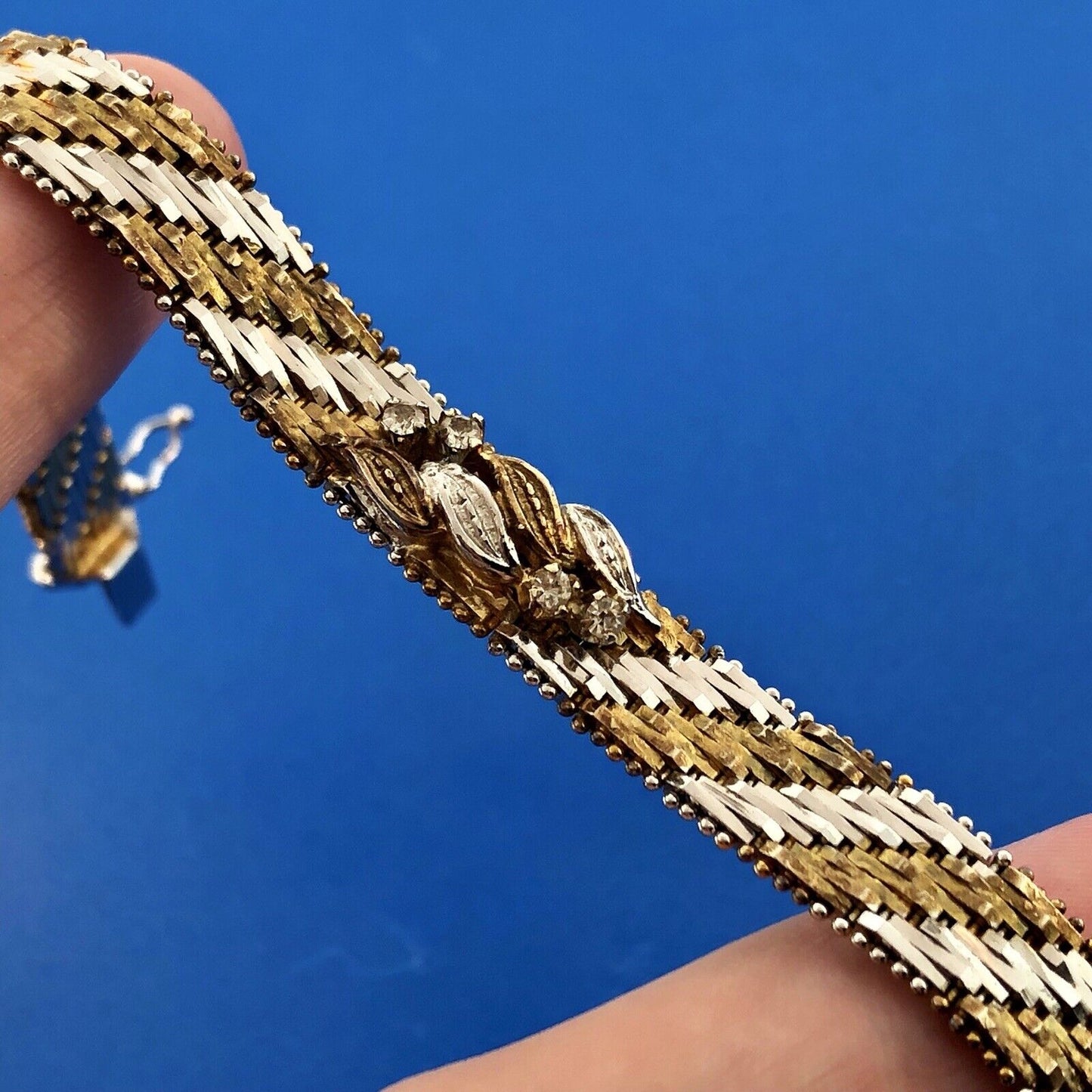 Vintage Sterling Silver 925 Diamond Two Tone Textured Weave Link Bracelet