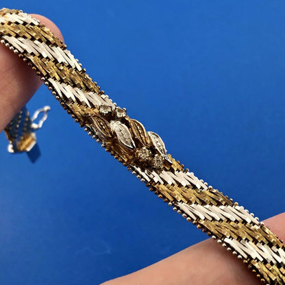 Vintage Sterling Silver 925 Diamond Two Tone Textured Weave Link Bracelet