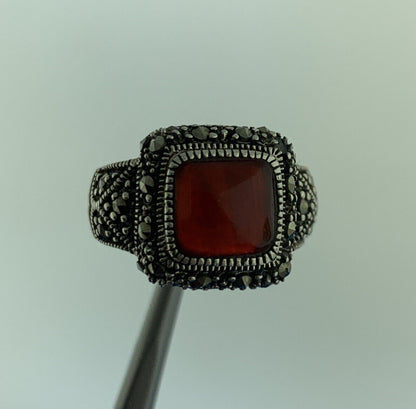 Designer 925 Sterling Silver Red Carnelian Marcasite Square Dome Ring