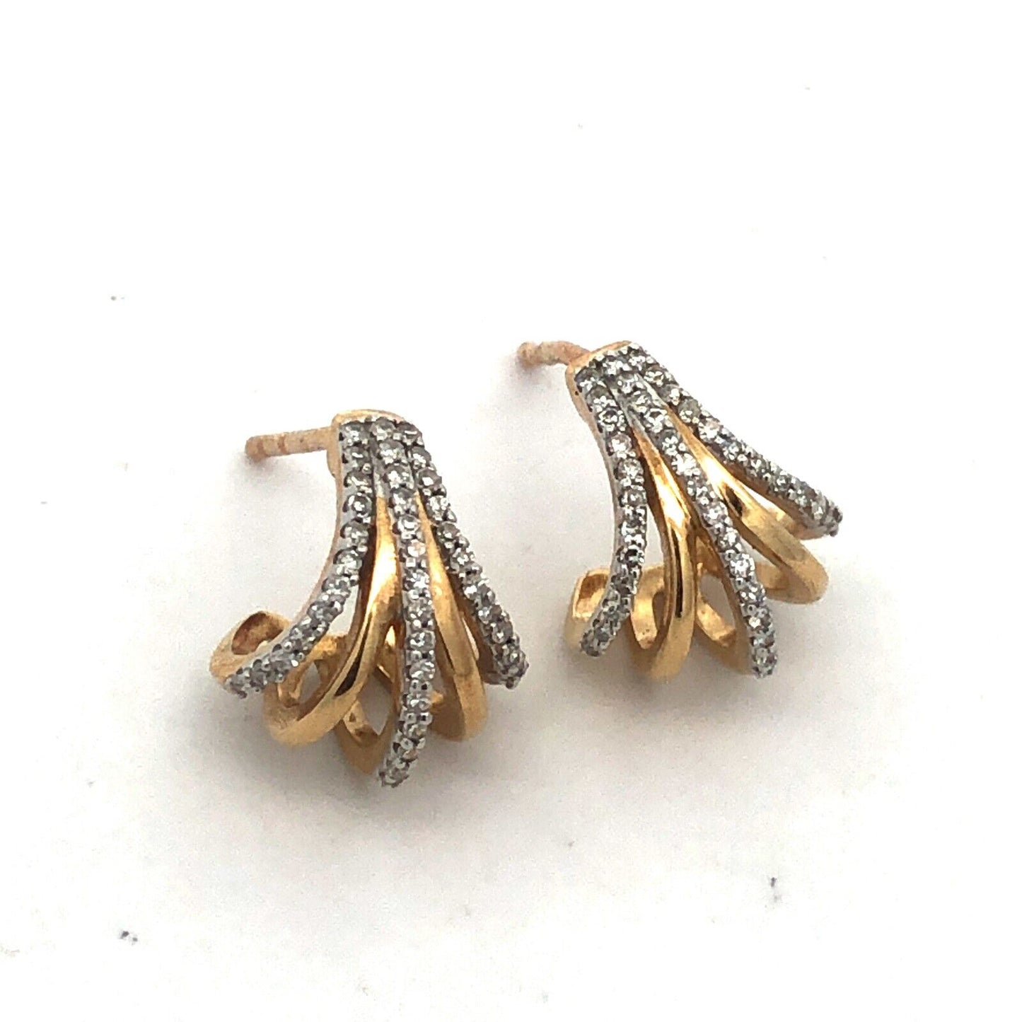 Designer 10K Yellow Gold Pave Diamond Modernist Half Hoop Stud Earrings